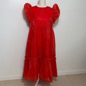 Selkie Red Puff Sleeve Midi Dress